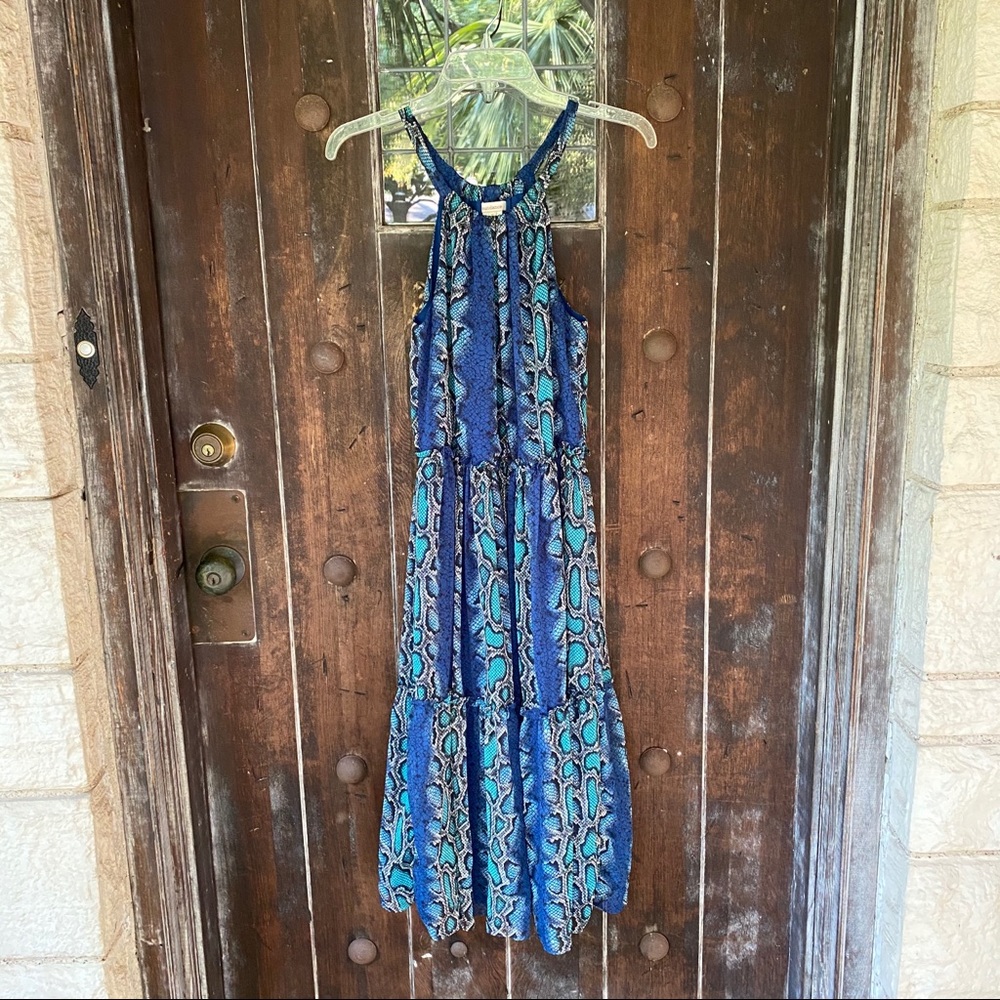 Sundance | Halter Ruffled Tiered Midi / Maxi Dress Snake Print